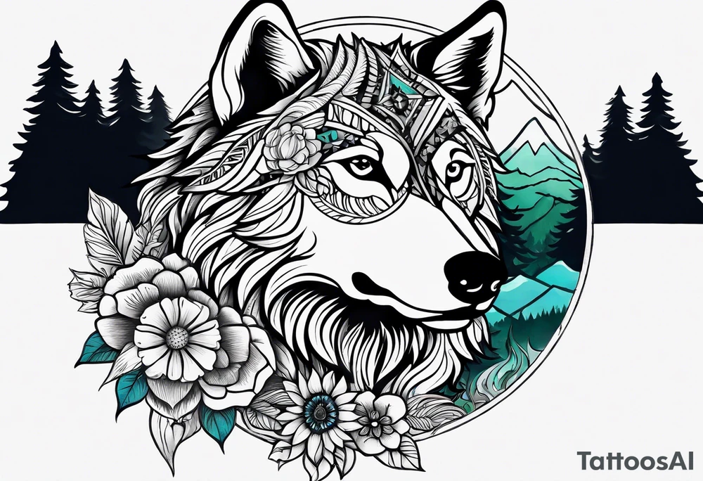 A whimsical wolf tattoo featuring mandala or dream catcher elements, with the wolf as the central focus, surrounded by mountains in the background. Include flowers and nature elements to fill the space around the wolf. Some color but not completely solid bold color tattoo idea
