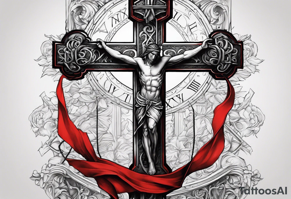 A Long sharp cross with a rope wrapped around it and Roman numerals on the robe and a red heart beat sensor going down the cross onto more Roman numerals tattoo idea