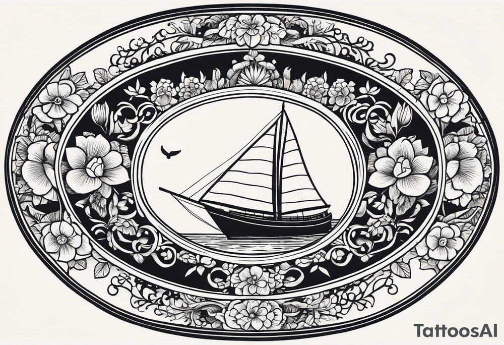 Create an oval-shaped frame with the text “Honeymoon” written in Thai inside the oval. At the center of the oval, place a traditional Thai long-tail boat decorated with flowers at its bow, as is customary. The boat should be floating on open water with gentle waves, and beneath the boat, include a swimming turtle. tattoo idea