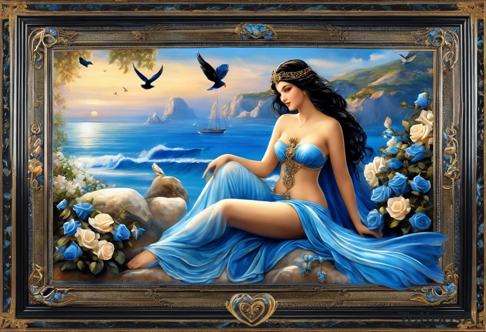 Aphrodite is the goddess of love, with a seaside background, surrounded by birds.. blue roses frames, background blue,present it in a, black hair, love motives, herat,motifs expressing love and the feeling of lovePortrait of Aphrodite: A face or full-length image of the goddess, often in a realistic style, perhaps decorated with flowers, seashells, or doves.

Symbols: Known symbols of Aphrodite include the rose, doves, shells and the mirror. These symbols can be displayed individually or in combination in a tattoo.

Mythological Scenes: Depictions of various mythological stories of Aphrodite, such as her birth from sea foam, as depicted in Botticelli's famous painting ("Birth of Venus").

Flowers: Roses or other flowers often associated with Aphrodite can give a particularly romantic and elegant look to your tattoo.

Mythological elements: Other mythological elements and figures associated with Aphrodite, such as Eros (Cupid), the god of love who is the son of Aphrodite. tattoo idea