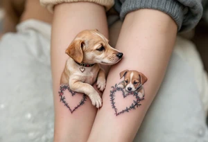 A mother dog and pup with matching heart-shaped collars in tan and gray symbolizes companionship and unconditional love. tattoo idea