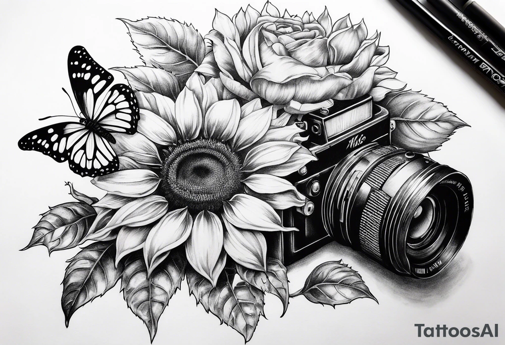 sunflower, camera, flower rose , book, butterfly tattoo idea sunflower, camera, flower rose , book, butterfly tattoo idea