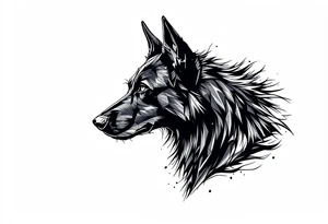 a creature that looks strongly like a black Labrador and a black German Shepard , resembling  Anubis, looking back, serious and daring tattoo idea