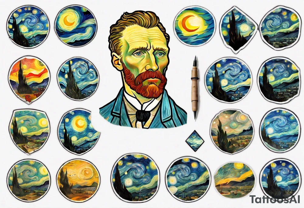 Create a colorful Vincent van Gogh's tattoo The intended placement is on the upper chest. The overall design should be small in size while maintaining a delicate and artistic aesthetic. tattoo idea