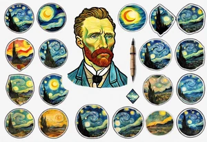 Create a colorful Vincent van Gogh's tattoo The intended placement is on the upper chest. The overall design should be small in size while maintaining a delicate and artistic aesthetic. tattoo idea