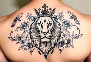 powerful majestic lion with a crown, surrounded by floral ornaments and birds tattoo idea