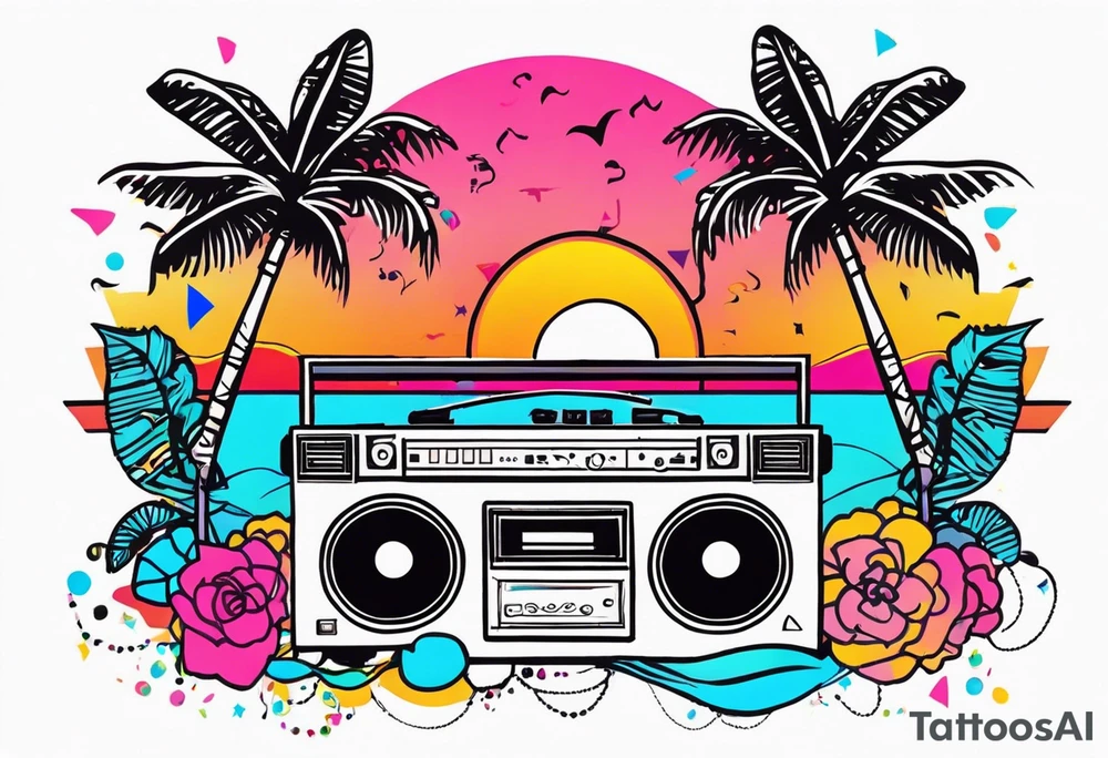1980's miami vice style beach dance 
party, include confetti, music notes, boom box, bikinis sunset in the center tattoo idea