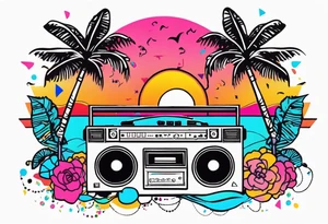 1980's miami vice style beach dance 
party, include confetti, music notes, boom box, bikinis sunset in the center tattoo idea