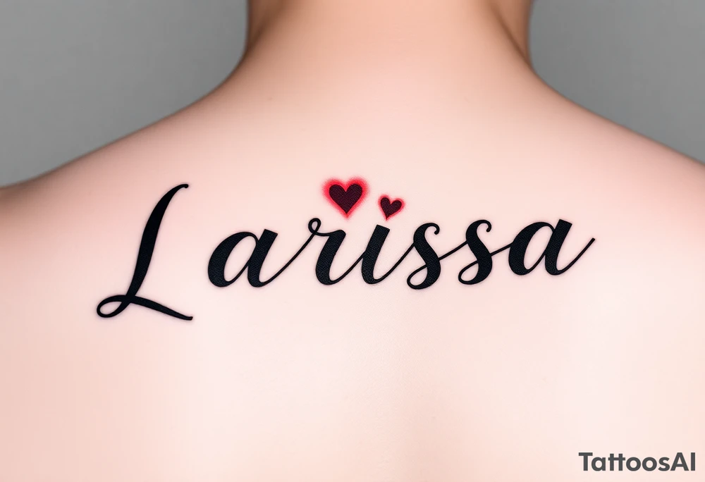 Can you make the name larissa in cursive but in black but put a little heart in above the i and the r and add a faint but visable red glowing around the name dont make the red too bright and show it on the forearm tattoo idea