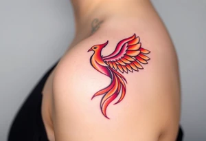 Square, phoenix rising from fire with both wings opened, colors red, pink, orange and purple. tattoo idea