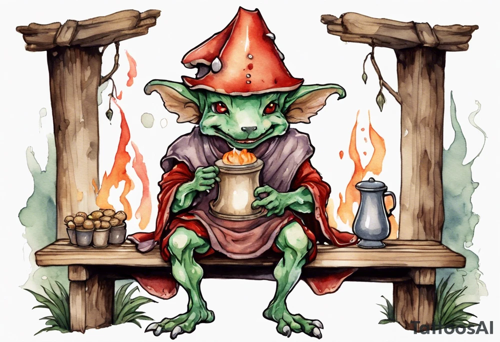 a mushroom kobold
wearing a medieval tunic sitting on a bench by a fireplace drinking from a wood cup, happy tattoo idea