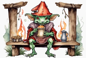 a mushroom kobold
wearing a medieval tunic sitting on a bench by a fireplace drinking from a wood cup, happy tattoo idea