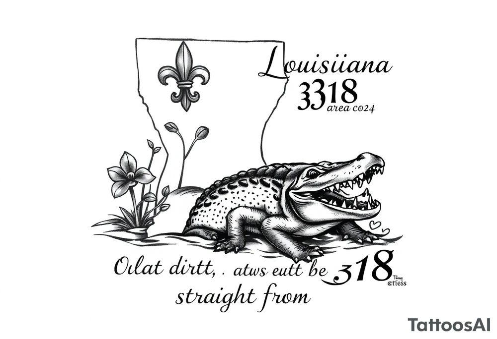 Louisiana state outline with fleur-de-lis, a bayou with a gator , the 318 area code and and quote that says  Out the dirt, out the water, straight from 318 tattoo idea