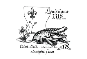 Louisiana state outline with fleur-de-lis, a bayou with a gator , the 318 area code and and quote that says  Out the dirt, out the water, straight from 318 tattoo idea