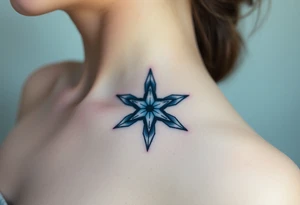 An icy pentagram five pointed star with sharp crystal edges, surrounded by a cold mist and floating frost particles. tattoo idea