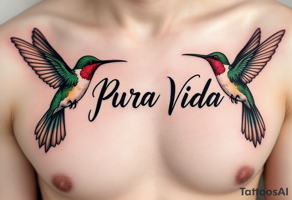 “Pura Vida” in handwritten font with two hummingbirds in emerald green and ruby red flanking the phrase. tattoo idea