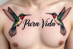 “Pura Vida” in handwritten font with two hummingbirds in emerald green and ruby red flanking the phrase. tattoo idea