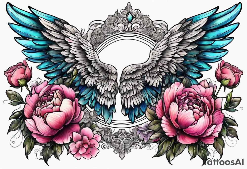 beautiful angel wings with floral peonies, roses, neon, brightly colored. highly detailed, tattoo idea