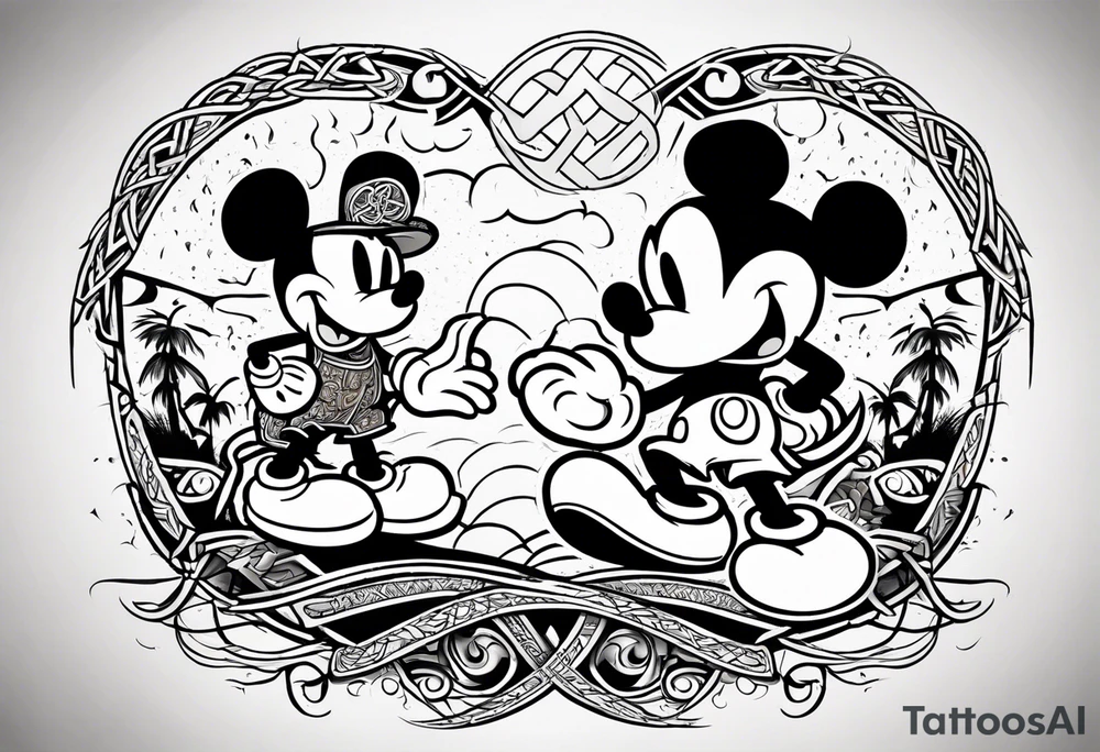 mickey mouse in a lightning storm with palm trees and the celtic symbol for family tattoo idea