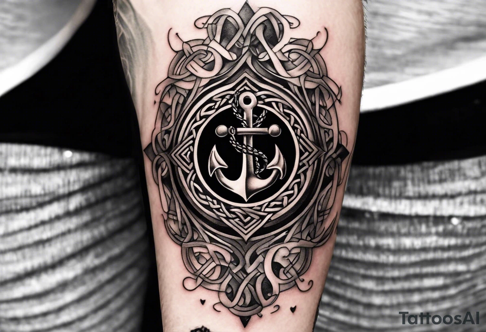 Celtic styling, anchor, compass, bass clef note, treble clef note, dog paw print, half sleeve, forearm tattoo idea