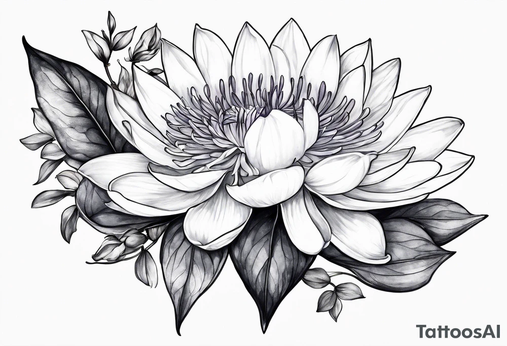 Larkspur and water lily with stems tied with ribbon tattoo idea