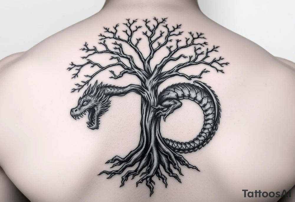 tree of life with roots absorbing a dragons tale while the dragon eats the tree tattoo idea