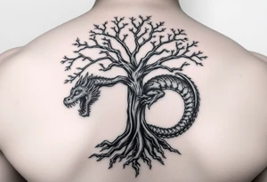 tree of life with roots absorbing a dragons tale while the dragon eats the tree tattoo idea
