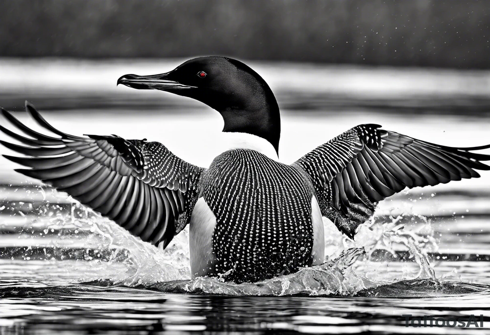 A North American common loon looking majestic as it spreads its wings in the water. On the mid-upper thigh. tattoo idea