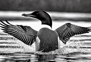 A North American common loon looking majestic as it spreads its wings in the water. On the mid-upper thigh. tattoo idea