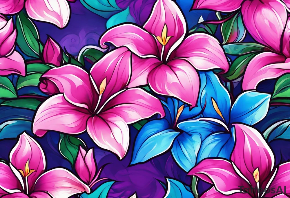 brushstroke abstract pink, purple, and blue mandevilla flowers on a vine, with color leaking out into the background. SOme of the flowers should be full color, and some just linework. It should have a handdrawn, sketch feel. tattoo idea