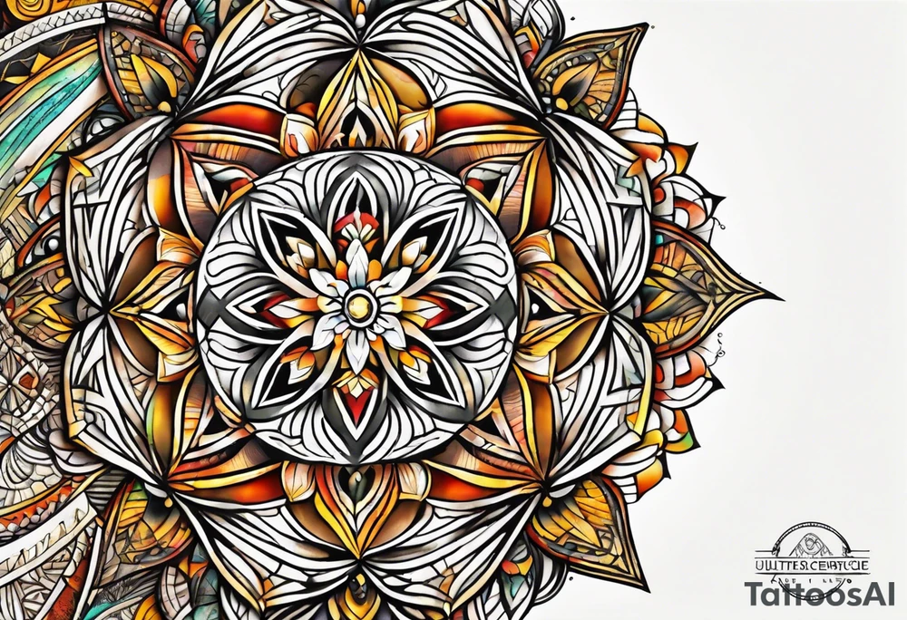 front knee tattoo with sacred geometry, swirls & washes, background and in fall colors tattoo idea