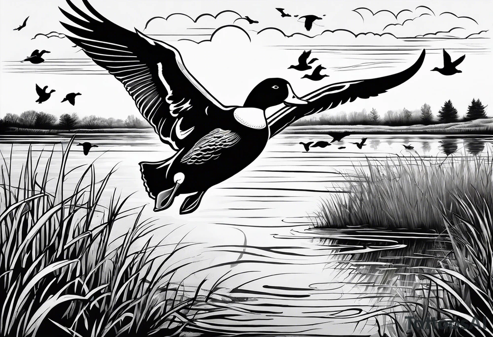 ducks flying over marsh and dog watching them tattoo idea ducks flying over marsh and dog watching them tattoo idea