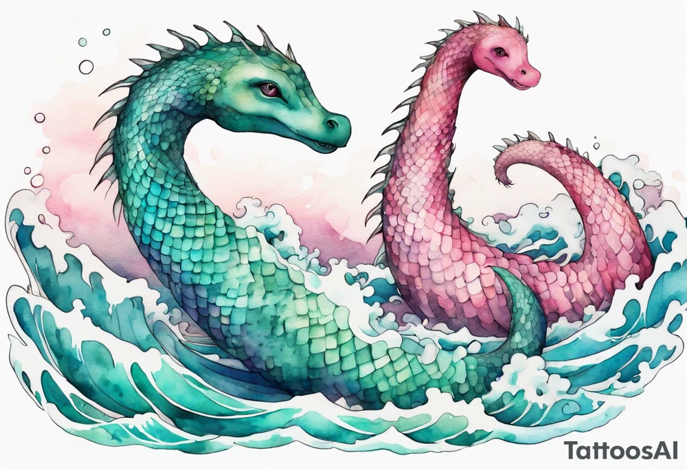 a beautiful Nessie with turquoise and pink scales emerging from the waves tattoo idea