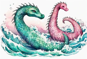 a beautiful Nessie with turquoise and pink scales emerging from the waves tattoo idea