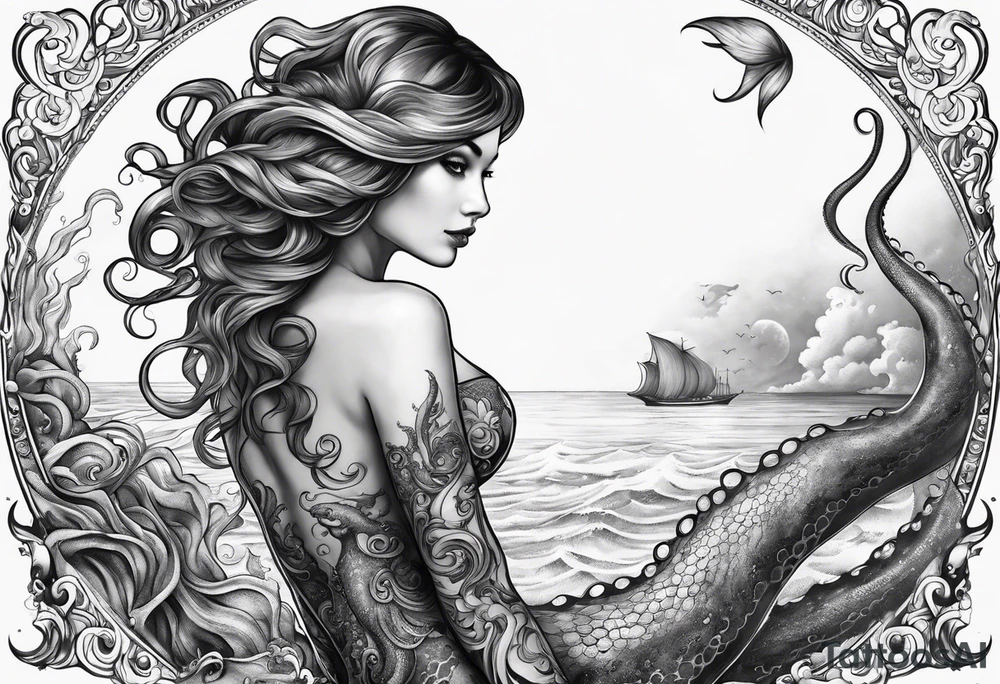 Leg sleeve Octopus looking up at a mermaid in the ocean tattoo idea