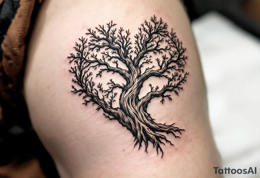 Heart-Shaped Tree with Names in the Bark – A tree whose trunk and branches form a heart shape, with sepia-toned bark engraved with these names "Petr, Karel, Dominik, Anna, Dana, Julie". tattoo idea