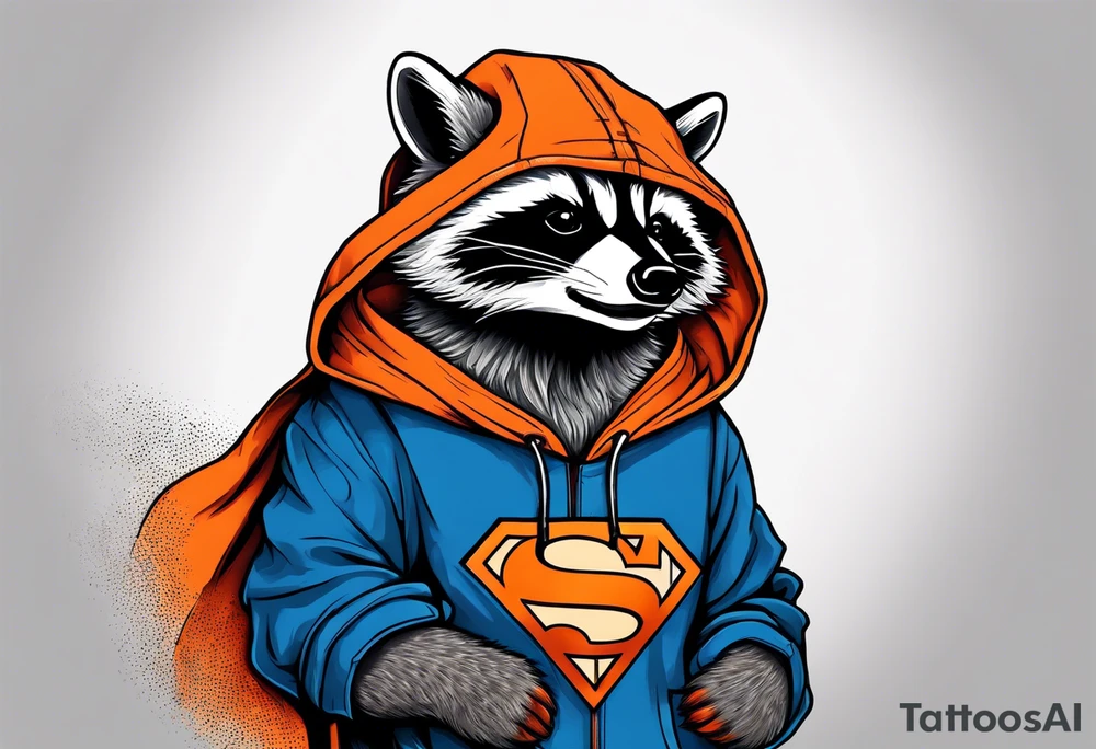 Raccoon wearing an orange Superman hoodie tattoo idea