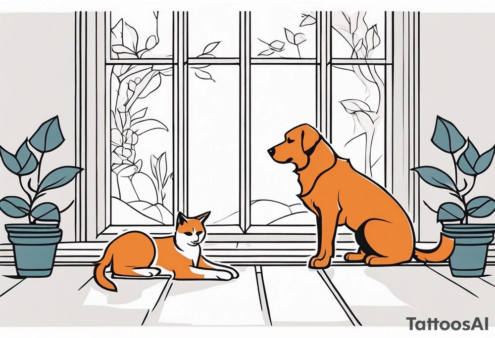 dog and cat sitting on floor and looking out tall octagonal window together tattoo idea
