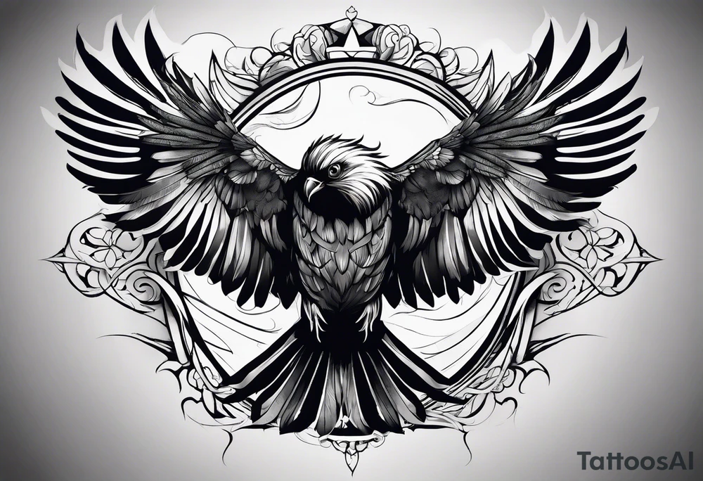 Scary black and white bird chest tattoo idea