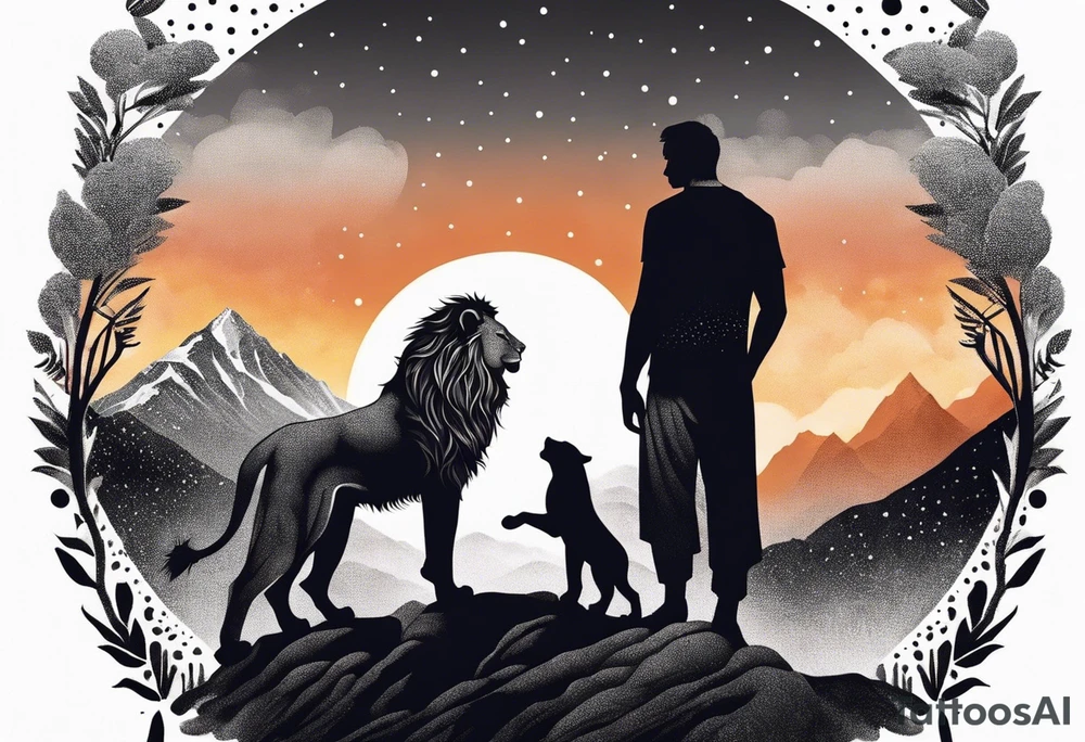 a father and son in the mountains with  a waterfall and cross in the background and a sunset designed into the shape of a lion head tattoo idea