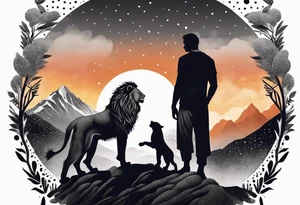 a father and son in the mountains with  a waterfall and cross in the background and a sunset designed into the shape of a lion head tattoo idea
