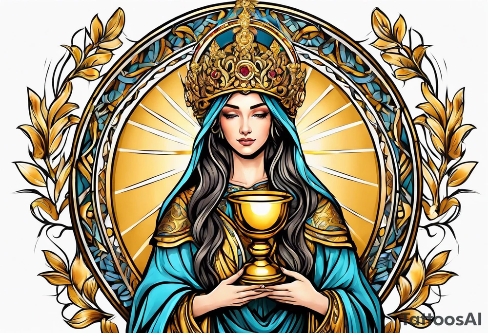 holy saint woman with golden halo holding a chalice tattoo idea