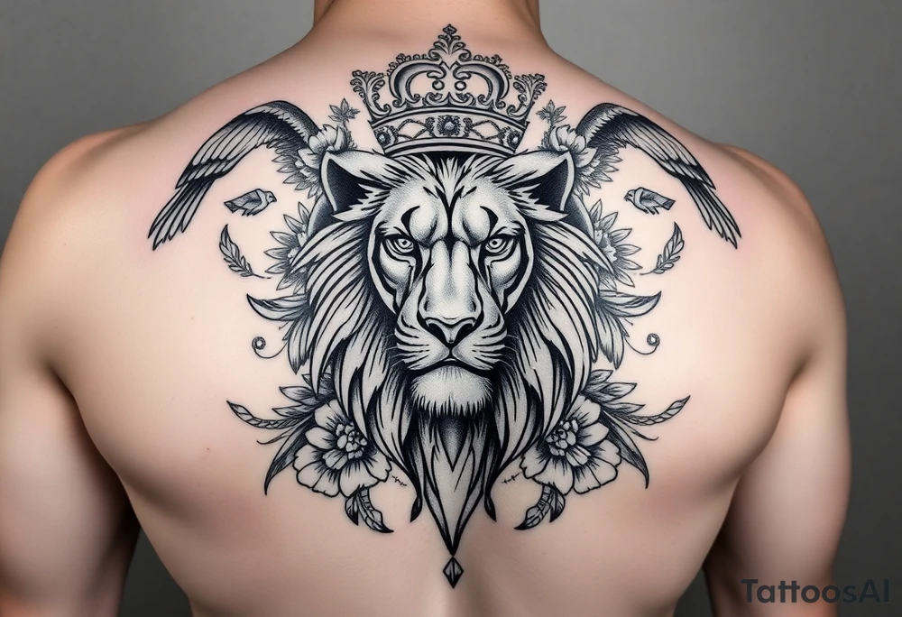 powerful majestic lion with a crown, surrounded by floral ornaments and birds tattoo idea