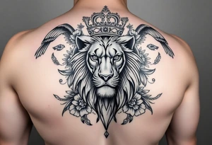 powerful majestic lion with a crown, surrounded by floral ornaments and birds tattoo idea