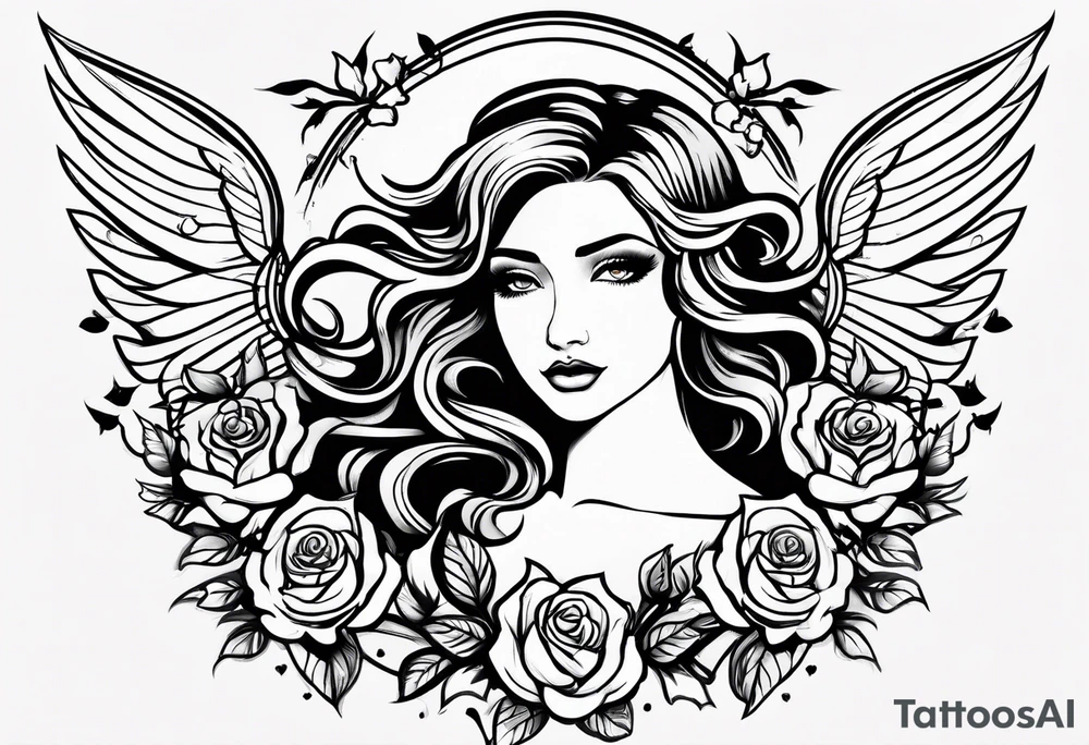 angel, roses, name MARTINA tattoo idea