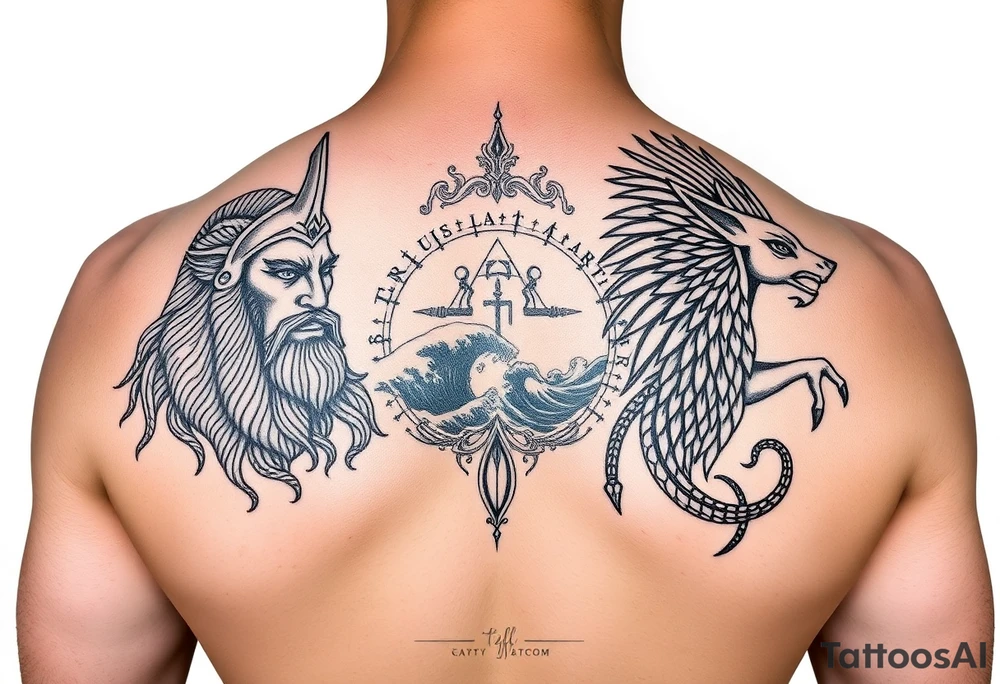 Realism with geographical line art with anubis on right with Odin on the left with ocean art in middle for back tattoo idea