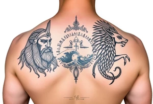 Realism with geographical line art with anubis on right with Odin on the left with ocean art in middle for back tattoo idea