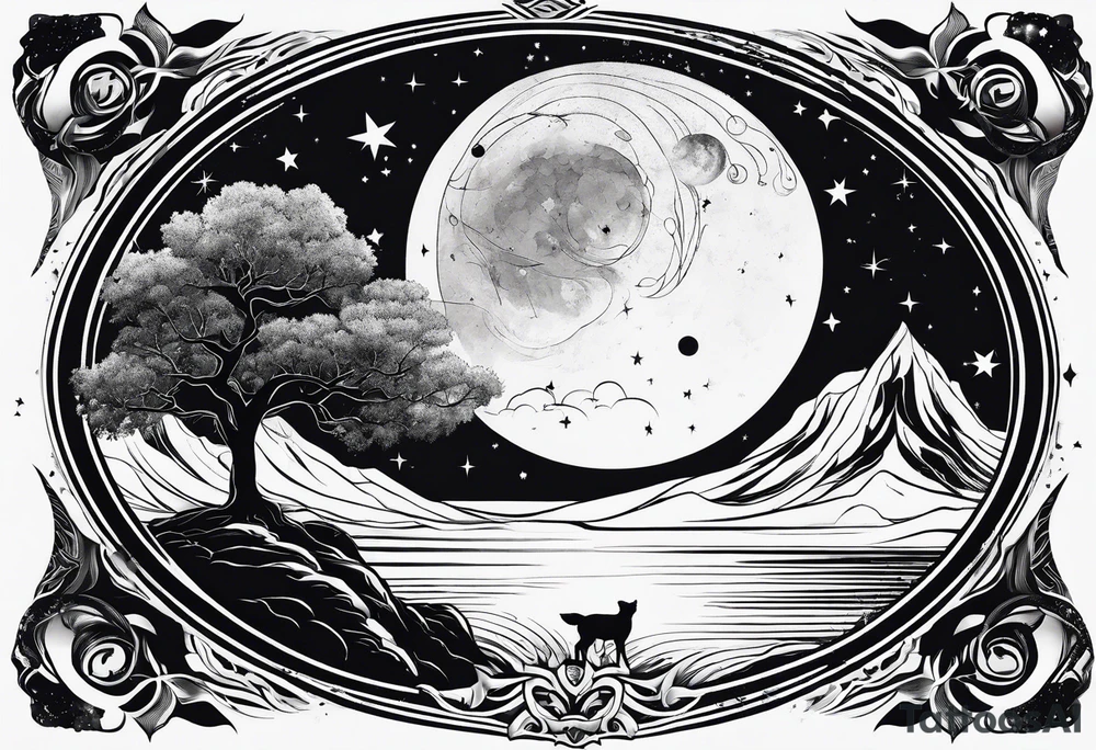 line art of space and nature tattoo idea