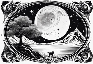 line art of space and nature tattoo idea