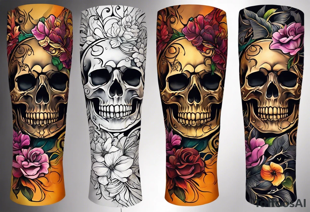 arm sleeve with fall colors, flowers, water flow shapes, leaves and various natural shapes, music notes, skulls tattoo idea